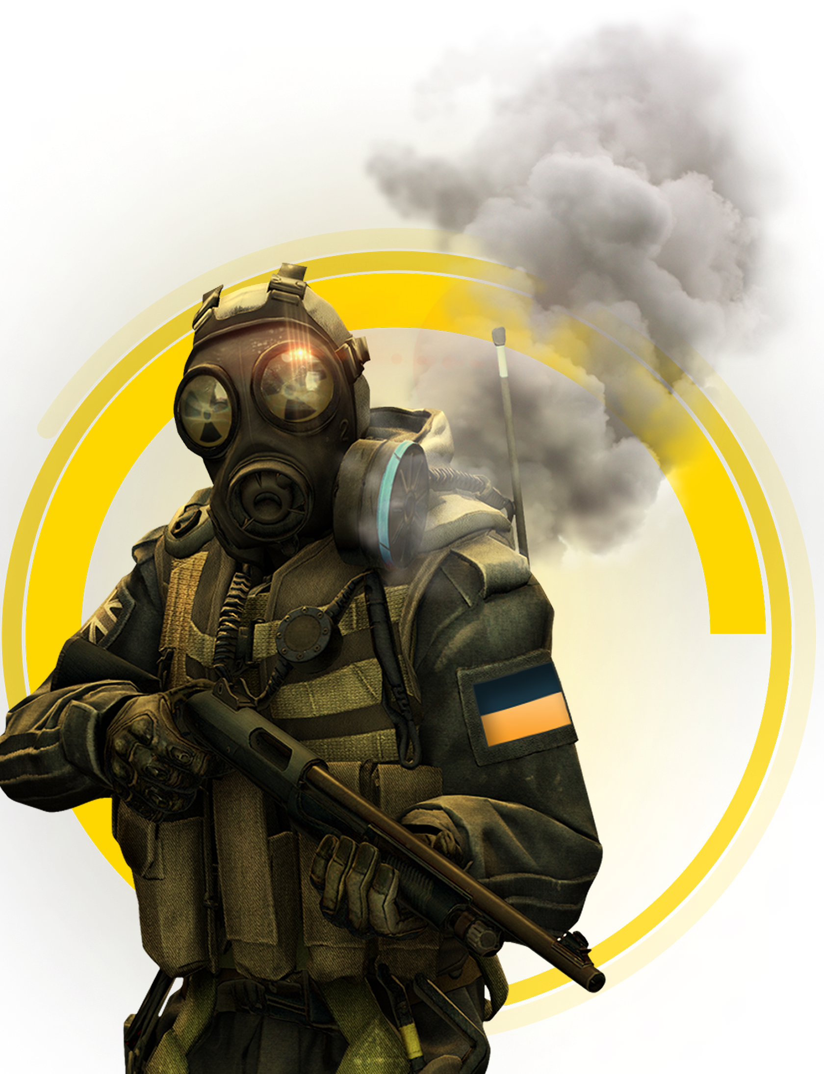 Soldado futurista com máscara de gás e fuzil, com bandeira da Ucrânia no braço, em frente a um círculo amarelo com fumaça ao fundo